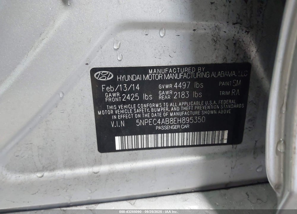 2014 HYUNDAI SONATA VIN: 5NPEC4AB8EH895350