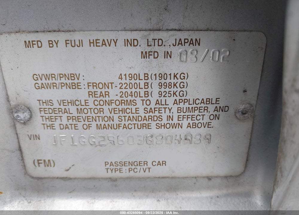 2003 SUBARU IMPREZA WRX VIN: JF1GG29603G804989