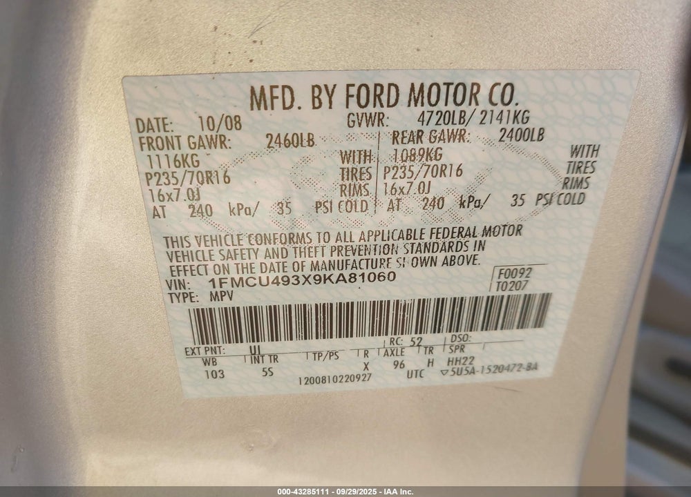 2009 FORD ESCAPE HYBRID VIN: 1FMCU493X9KA81060