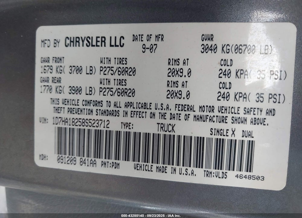 2008 DODGE RAM 1500 LARAMIE VIN: 1D7HA18258S523712