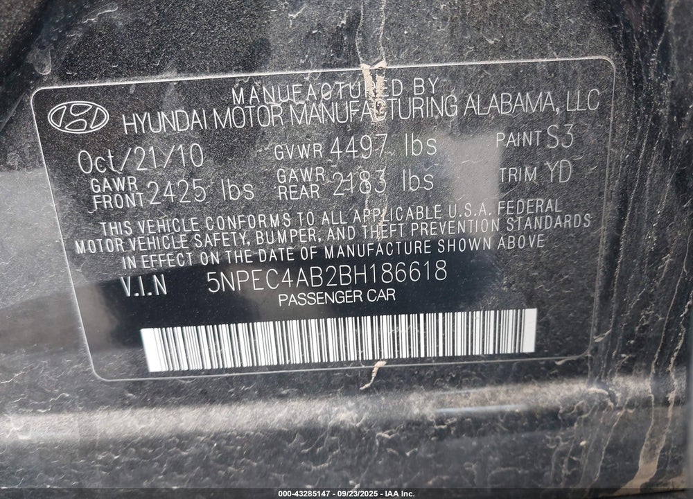 2011 HYUNDAI SONATA LIMITED 2.0T VIN: 5NPEC4AB2BH186618