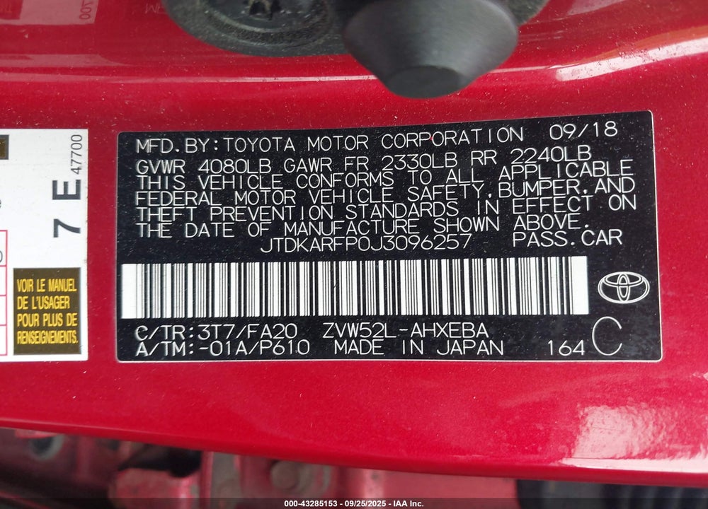 2018 TOYOTA PRIUS PRIME VIN: JTDKARFP0J3096257