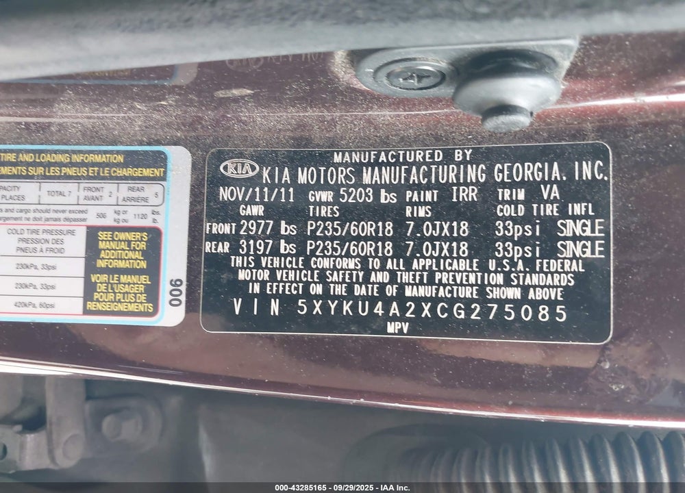 2012 KIA SORENTO VIN: 5XYKU4A2XCG275085