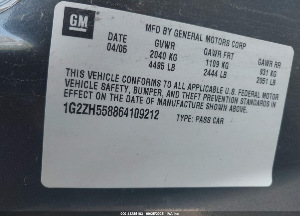 2006 PONTIAC G6 GT VIN: 1G2ZH558864109212
