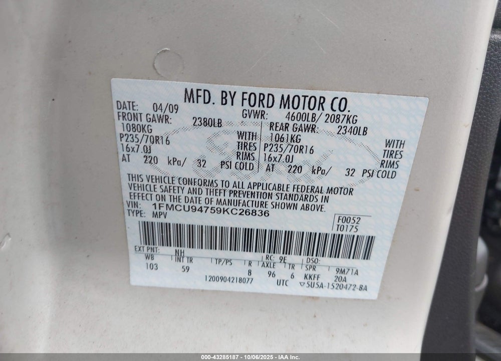 2009 FORD ESCAPE VIN: 1FMCU94759KC26836