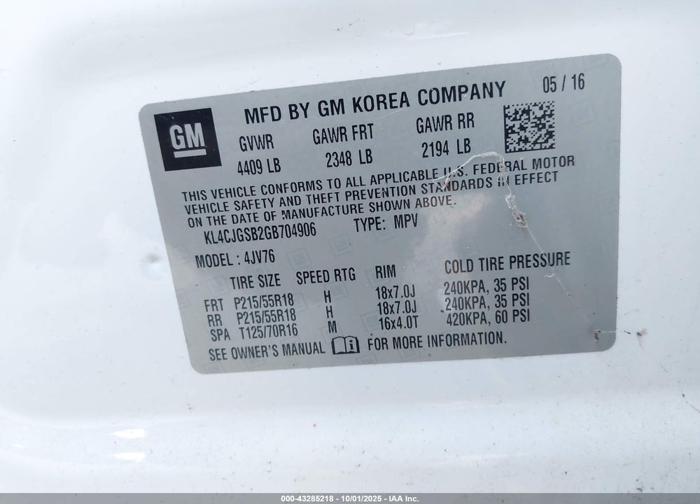 2016 BUICK ENCORE VIN: KL4CJGSB2GB704906