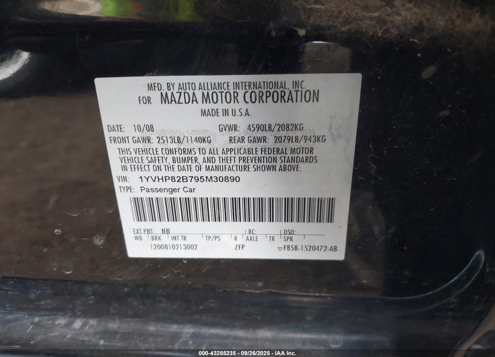 2009 MAZDA 6 VIN: 1YVHP82B795M30890