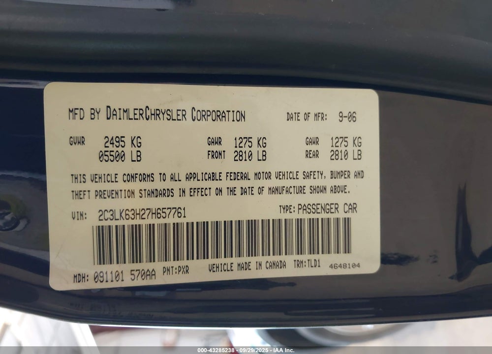2007 CHRYSLER 300 VIN: 2C3LK63H27H657761