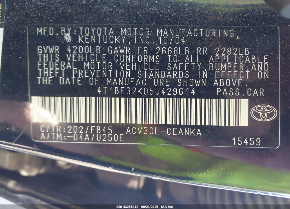 2005 TOYOTA CAMRY LE VIN: 4T1BE32K05U429614