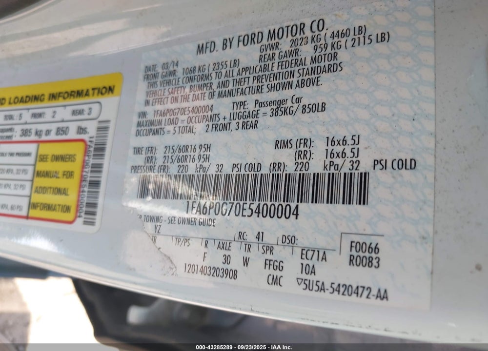 2014 FORD FUSION VIN: 1FA6P0G70E5400004