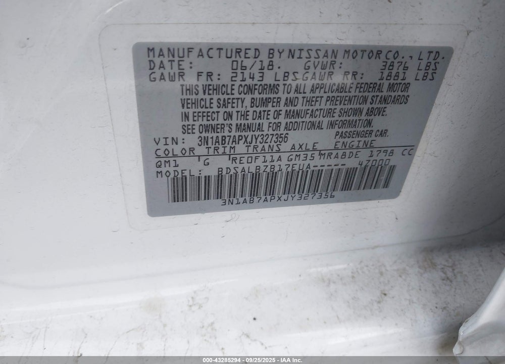 2018 NISSAN SENTRA VIN: 3N1AB7APXJY327356