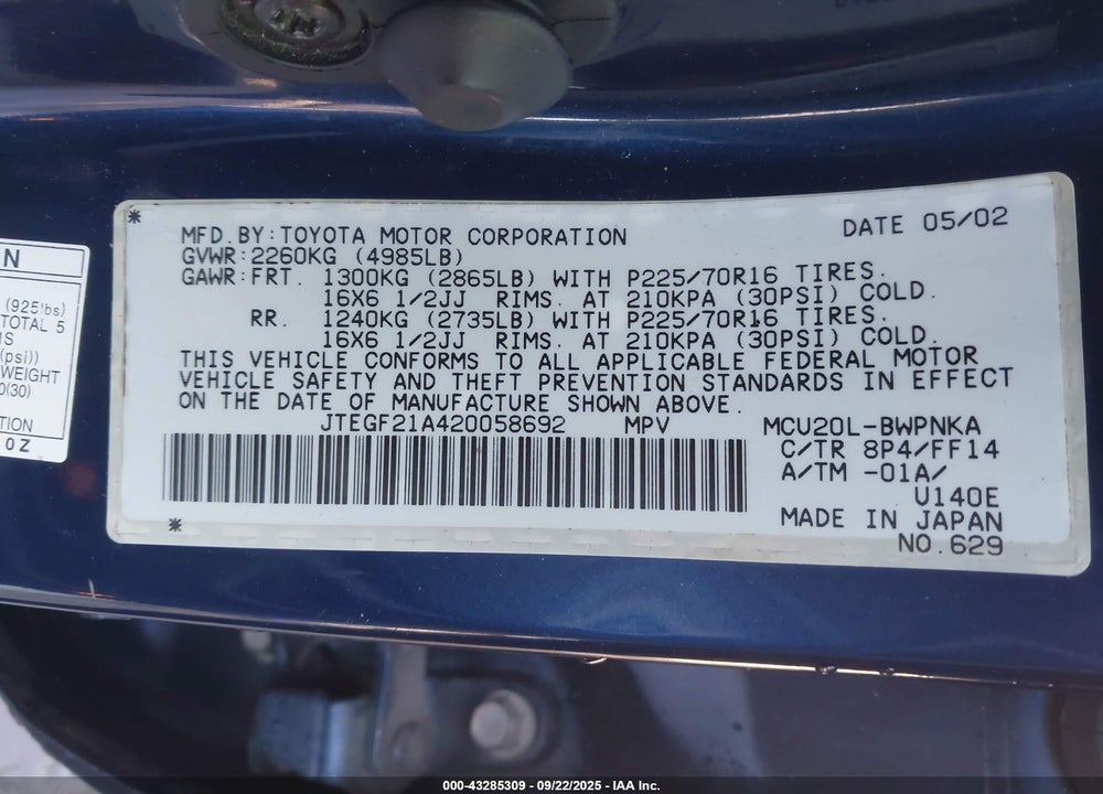 2002 TOYOTA HIGHLANDER LIMITED V6 VIN: JTEGF21A420058692