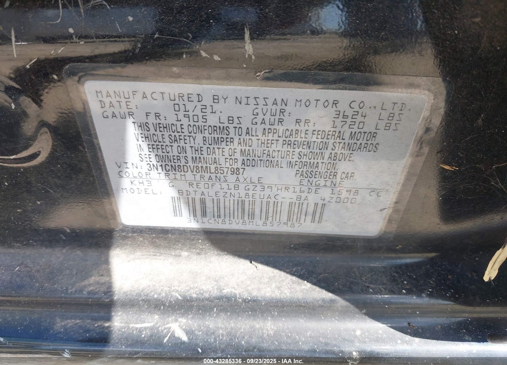 2021 NISSAN VERSA S XTRONIC CVT VIN: 3N1CN8DV8ML857987