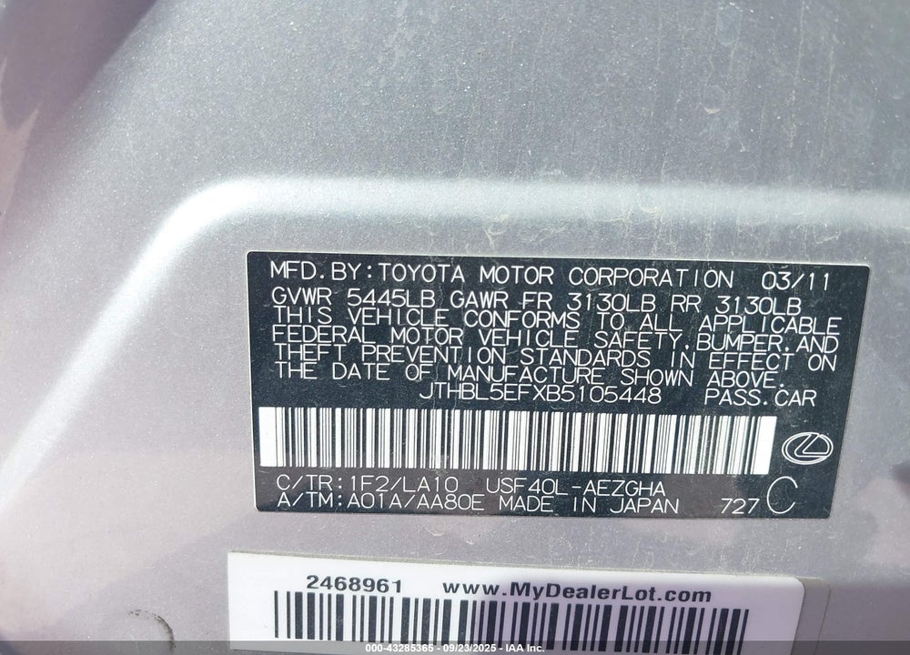2011 LEXUS LS 460 VIN: JTHBL5EFXB5105448