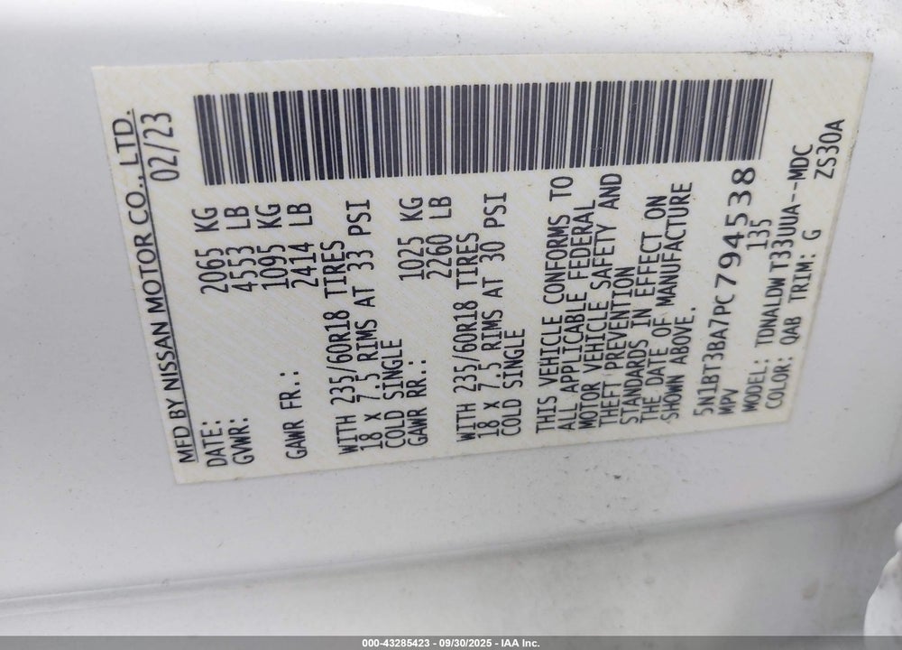 2023 NISSAN ROGUE SV FWD VIN: 5N1BT3BA7PC794538