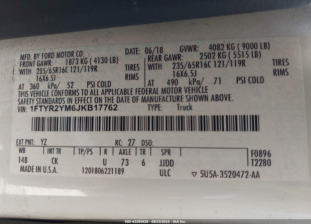 2018 FORD TRANSIT-250 VIN: 1FTYR2YM6JKB17762