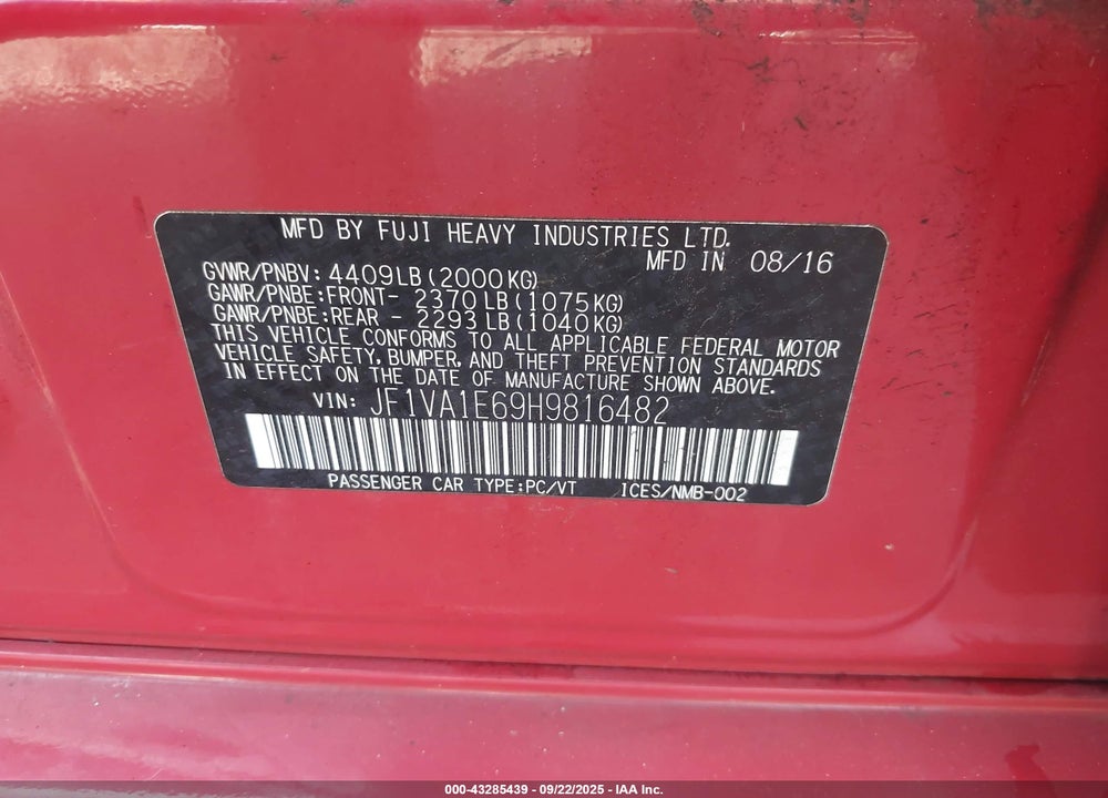 2017 SUBARU WRX VIN: JF1VA1E69H9816482