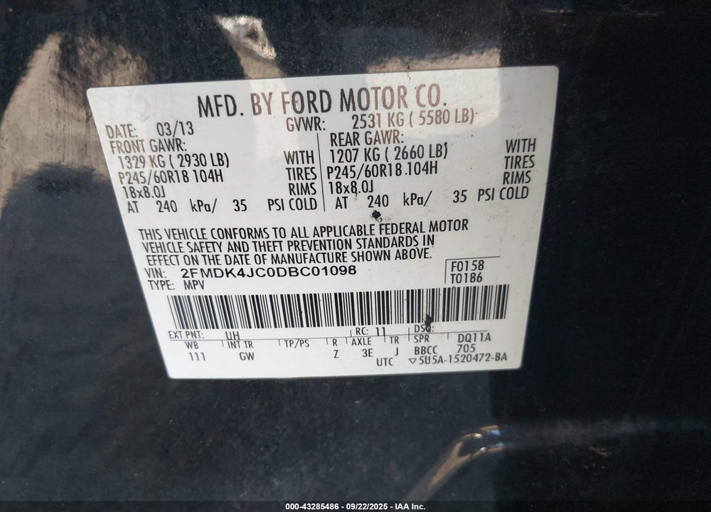 2013 FORD EDGE SEL VIN: 2FMDK4JC0DBC01098