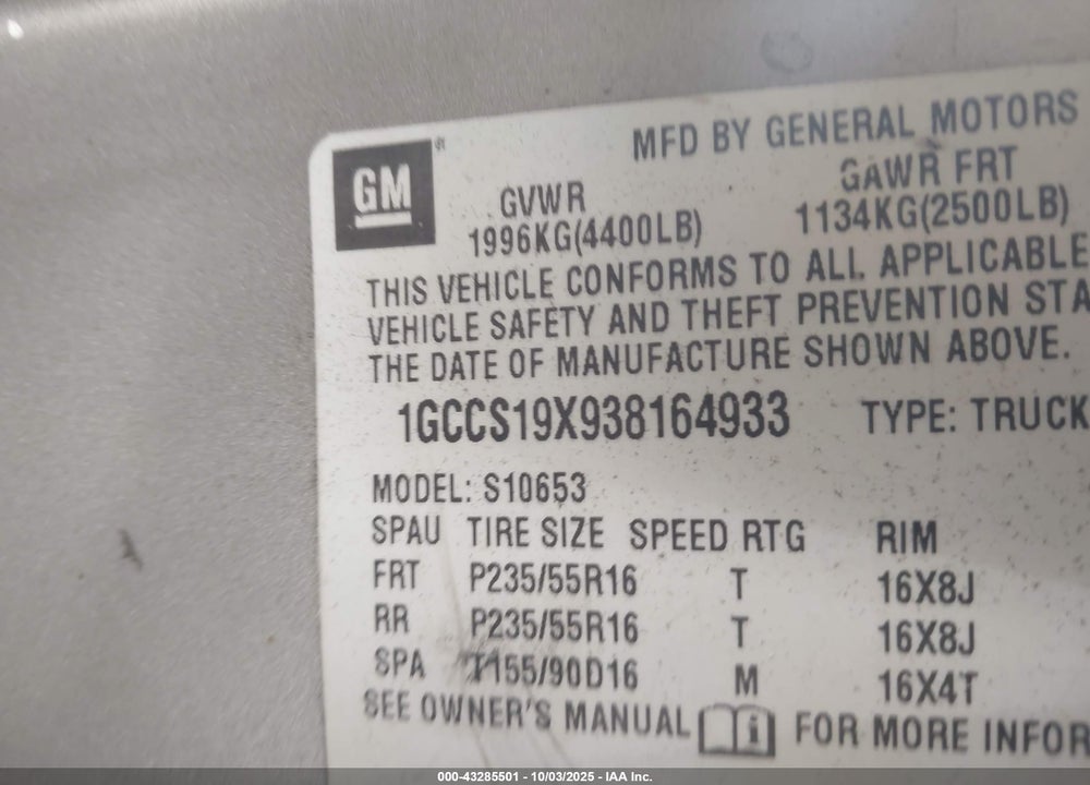 2003 CHEVROLET S-10 LS VIN: 1GCCS19X938164933