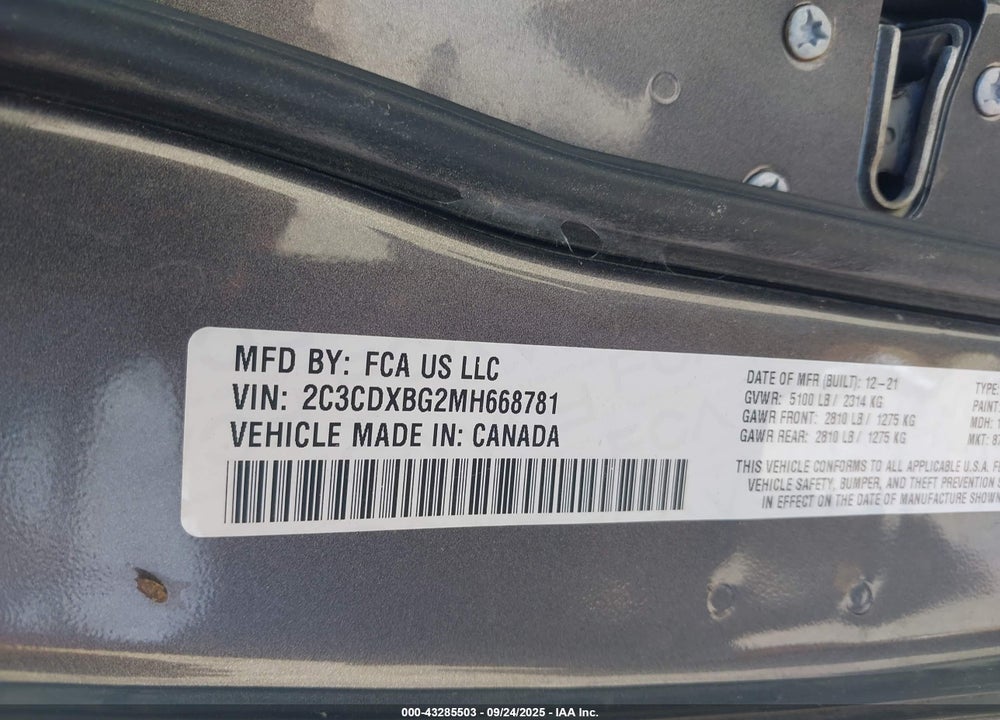 2021 DODGE CHARGER VIN: 2C3CDXBG2MH668781