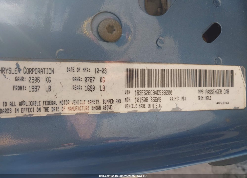 2004 DODGE NEON SE VIN: 1B3ES26C94D539200