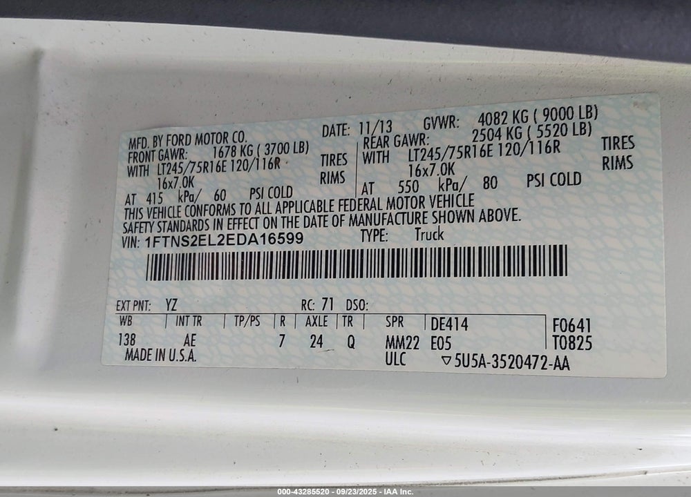 2014 FORD E-250 COMMERCIAL VIN: 1FTNS2EL2EDA16599