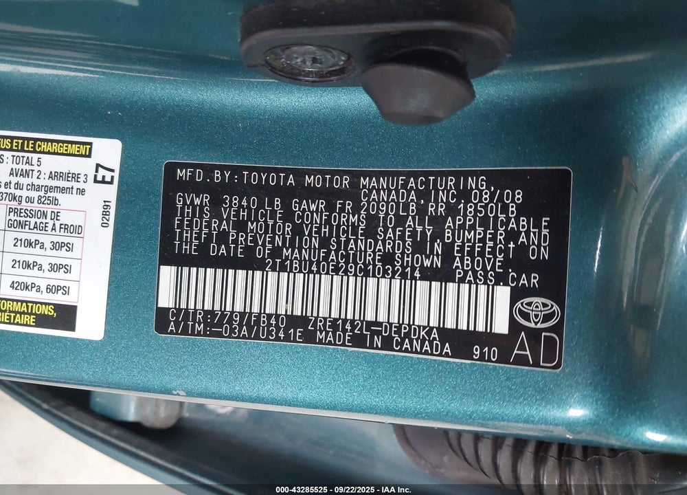 2009 TOYOTA COROLLA VIN: 2T1BU40E29C103214