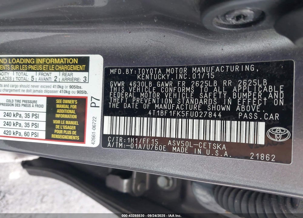 2015 TOYOTA CAMRY VIN: 4T1BF1FK5FU027844
