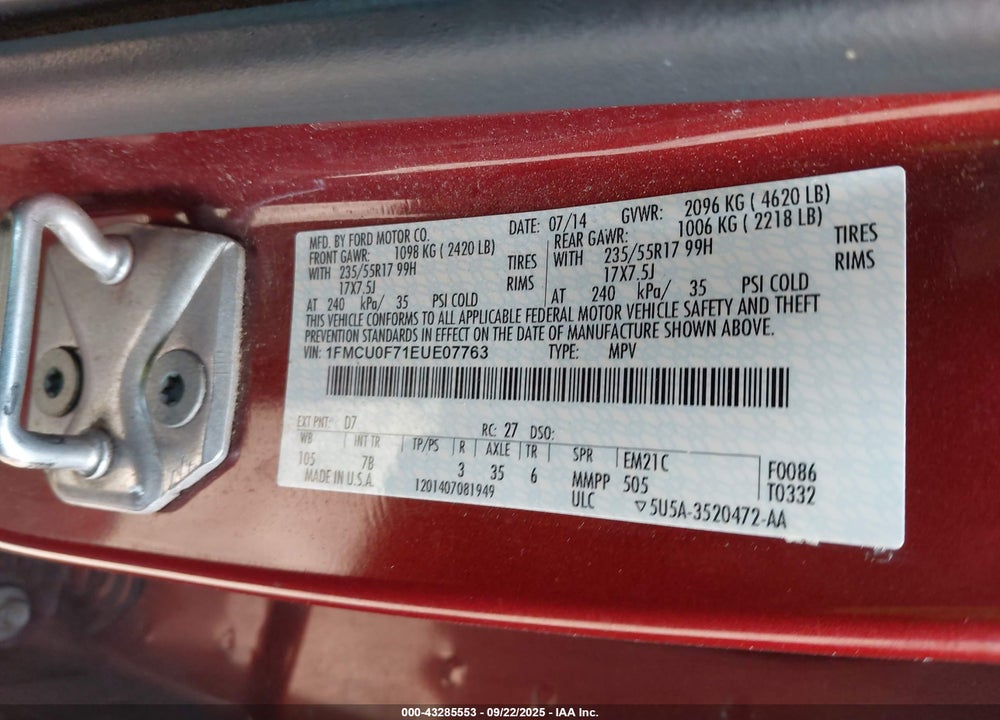 2014 FORD ESCAPE S VIN: 1FMCU0F71EUE07763