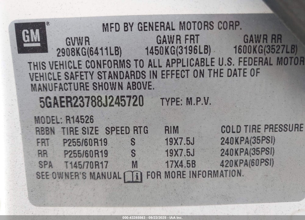 2008 BUICK ENCLAVE CXL VIN: 5GAER23788J245720