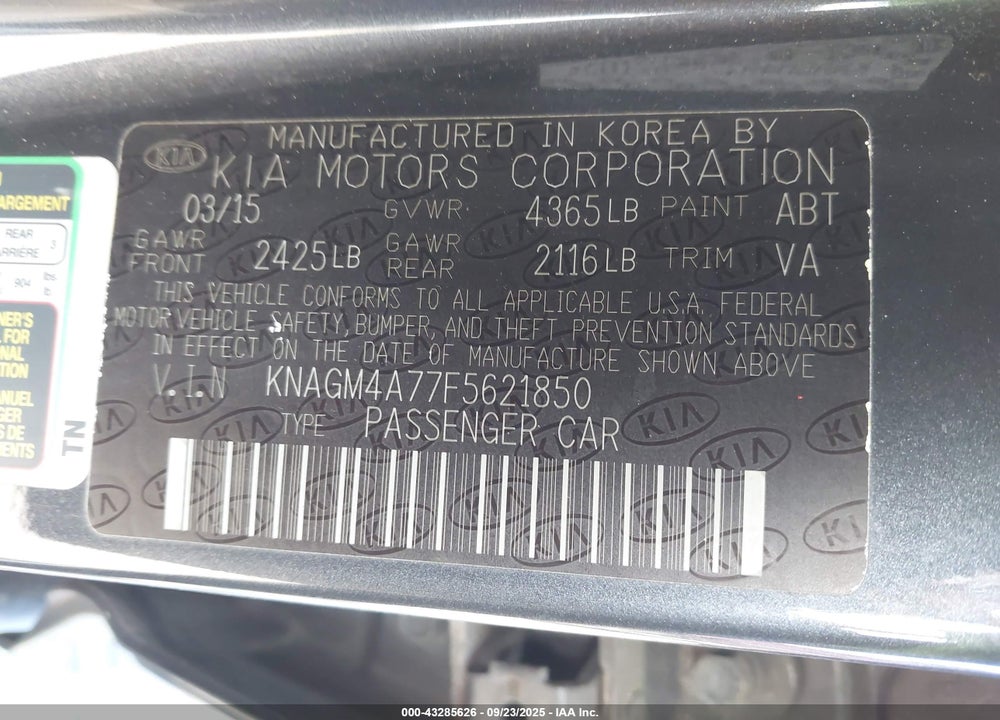 2015 KIA OPTIMA VIN: KNAGM4A77F5621850