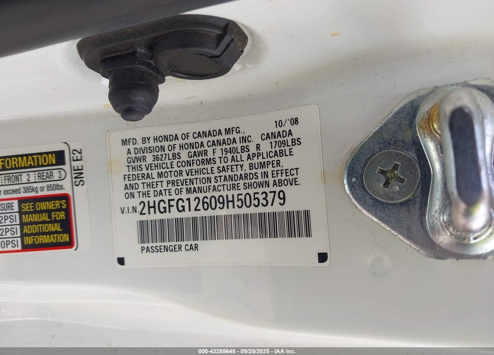2009 HONDA CIVIC VIN: 2HGFG12609H505379