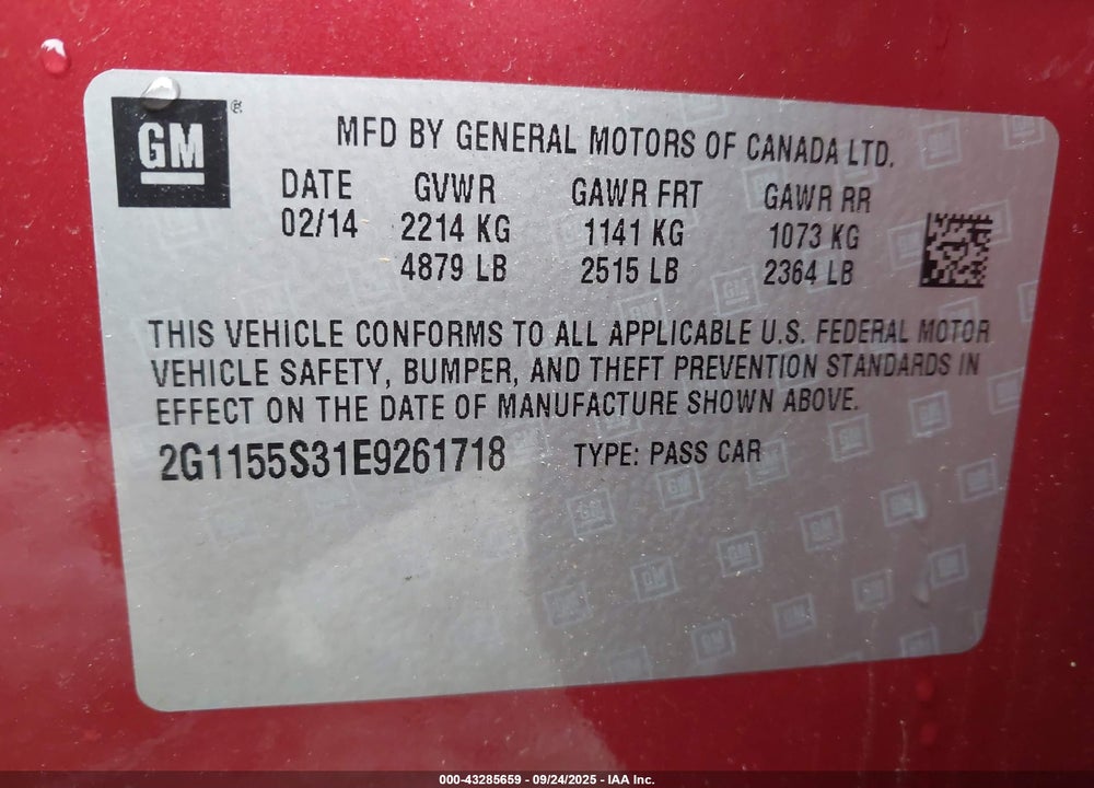 2014 CHEVROLET IMPALA VIN: 2G1155S31E9261718