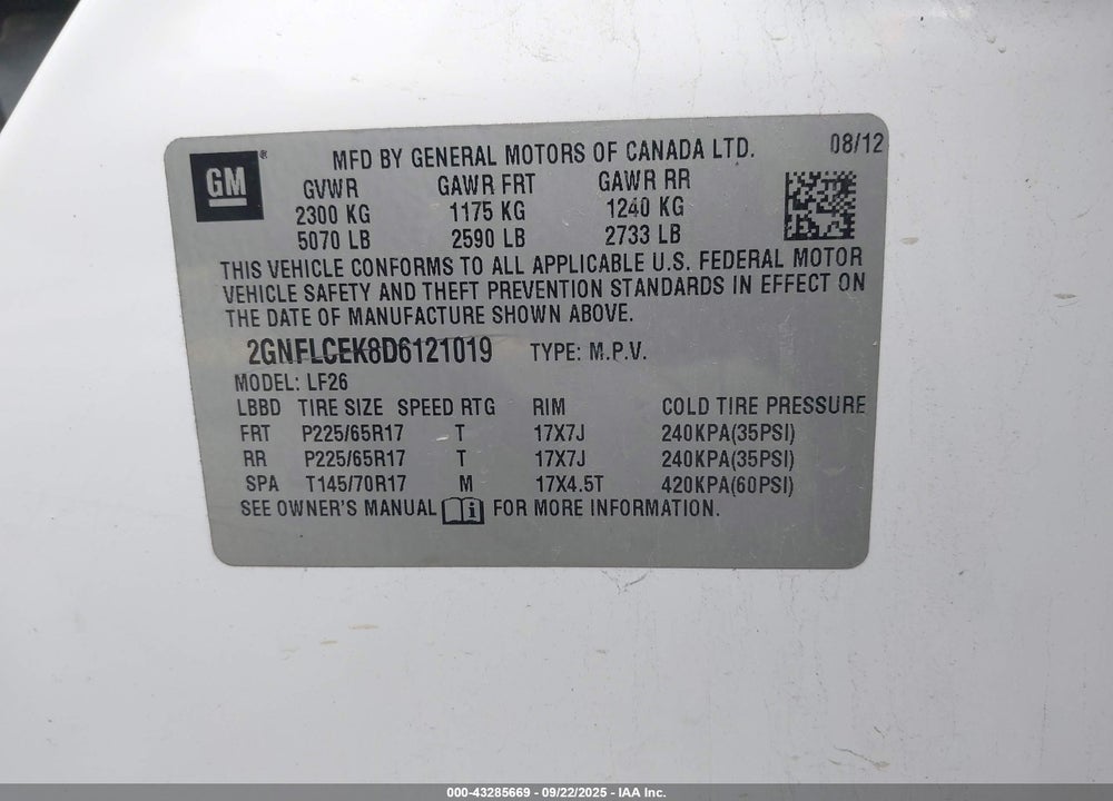 2013 CHEVROLET EQUINOX LS VIN: 2GNFLCEK8D6121019