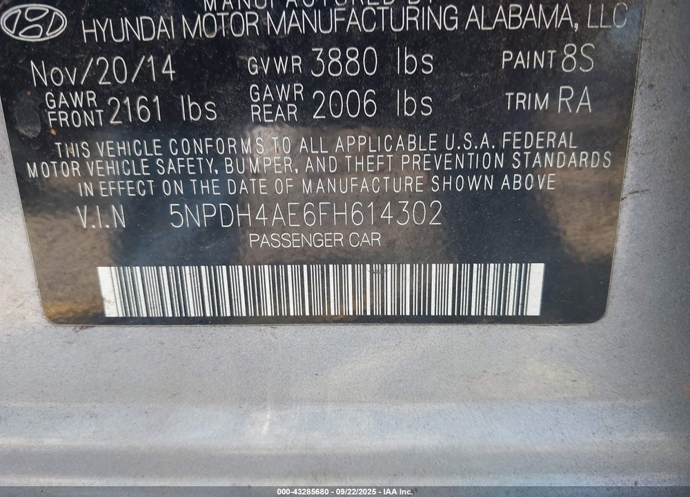 2015 HYUNDAI ELANTRA SE VIN: 5NPDH4AE6FH614302