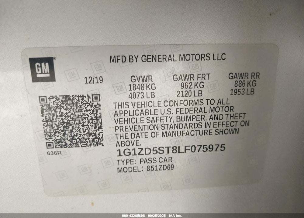 2020 CHEVROLET MALIBU VIN: 1G1ZD5ST8LF075975
