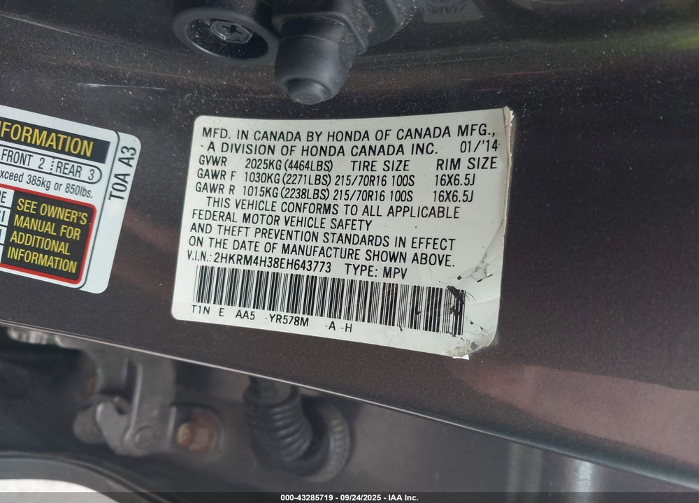 2014 HONDA CR-V LX VIN: 2HKRM4H38EH643773