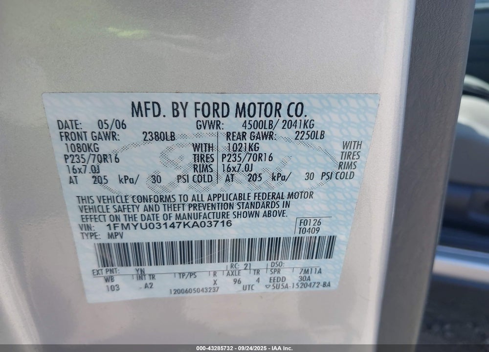 2007 FORD ESCAPE VIN: 1FMYU03147KA03716