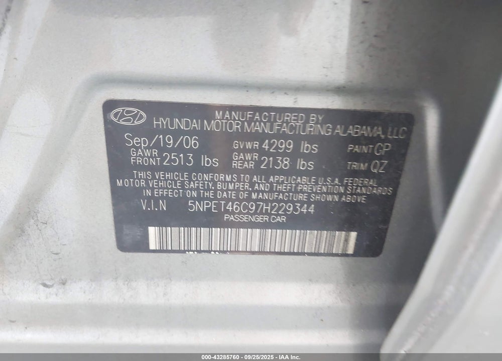 2007 HYUNDAI SONATA GLS VIN: 5NPET46C97H229344