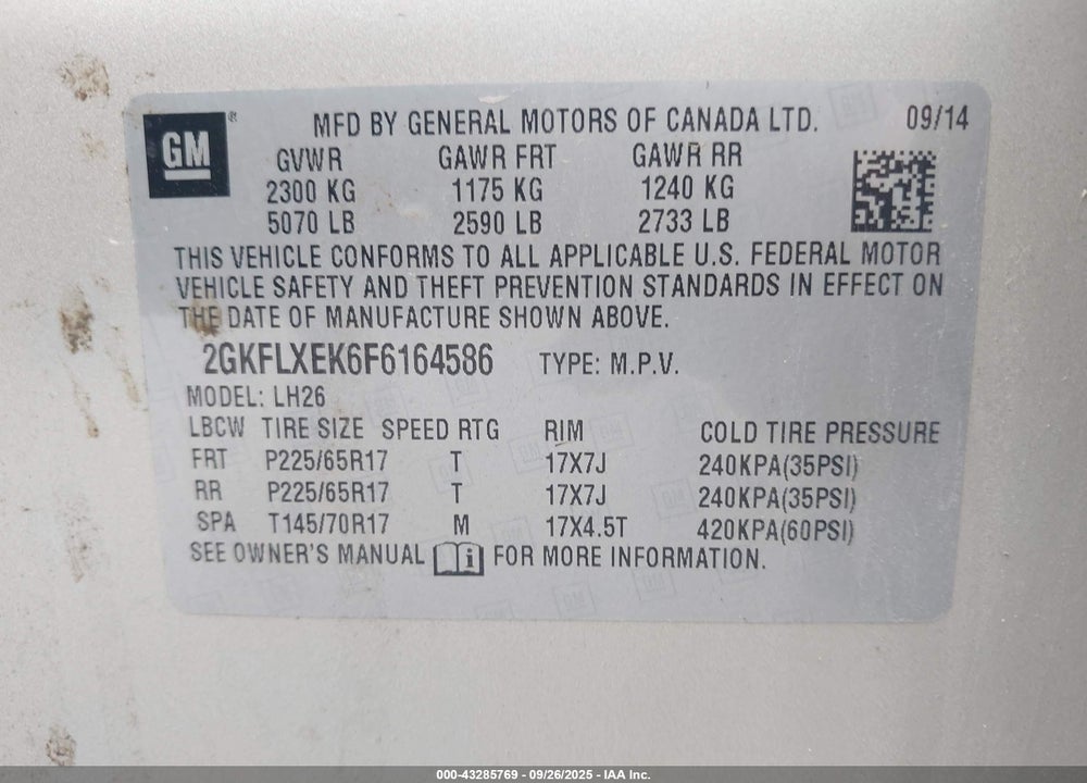 2015 GMC TERRAIN VIN: 2GKFLXEK6F6164586