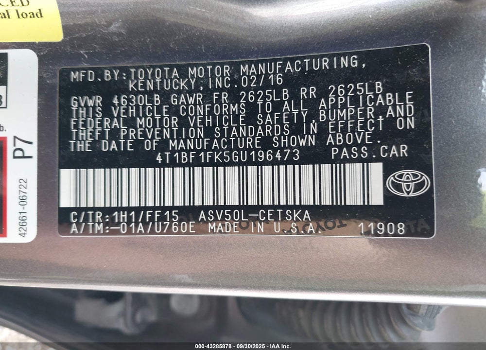 2016 TOYOTA CAMRY SE VIN: 4T1BF1FK5GU196473