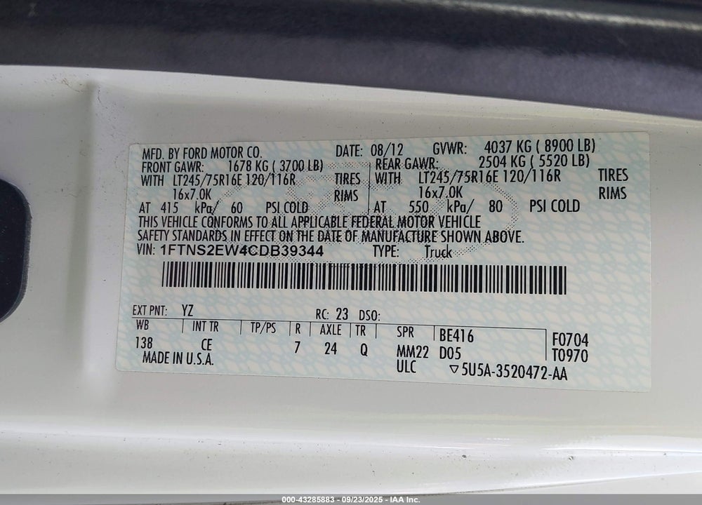 2012 FORD E-250 VIN: 1FTNS2EW4CDB39344