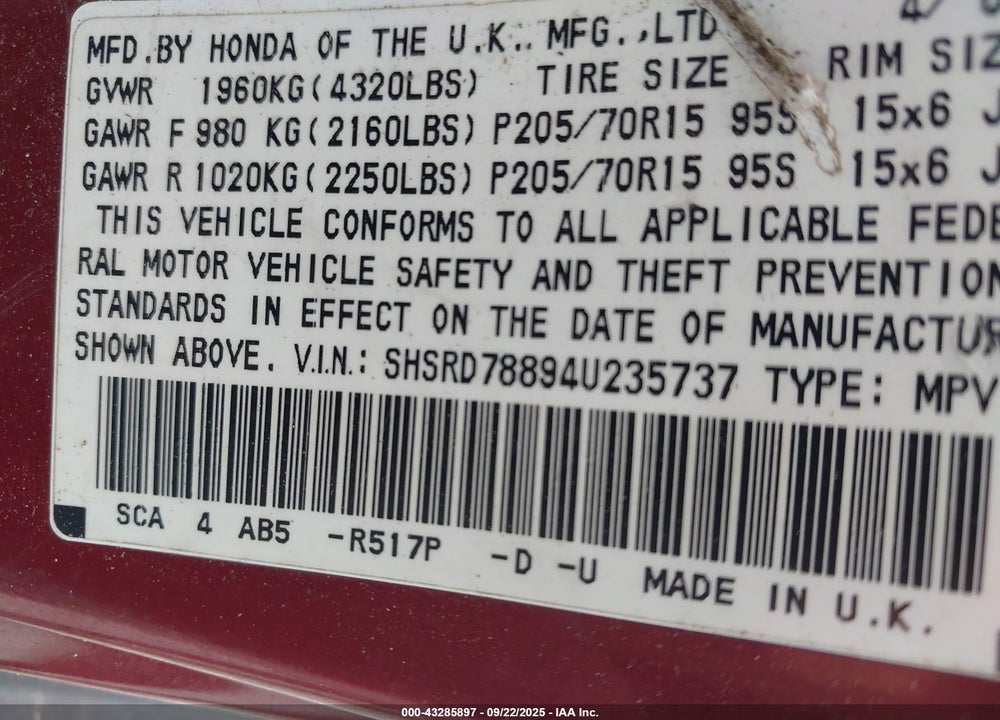 2004 HONDA CR-V EX VIN: SHSRD78894U235737