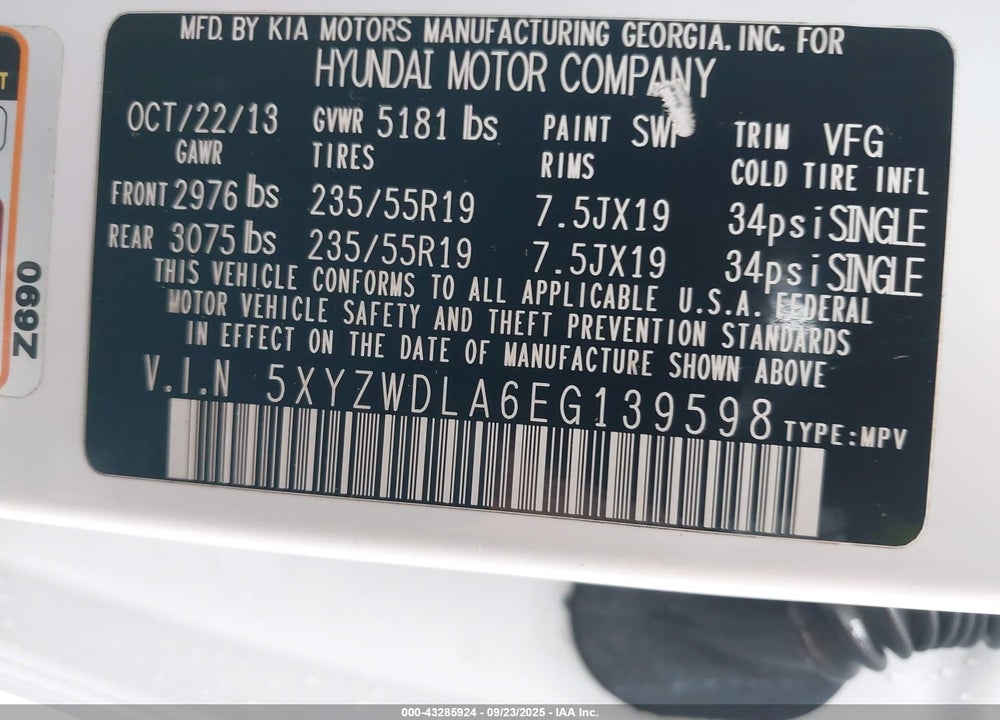 2014 HYUNDAI SANTA FE VIN: 5XYZWDLA6EG139598