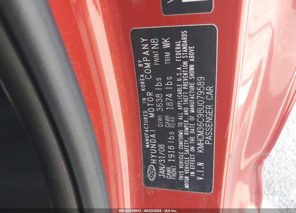 2008 HYUNDAI ACCENT GS VIN: KMHCM36C98U079589