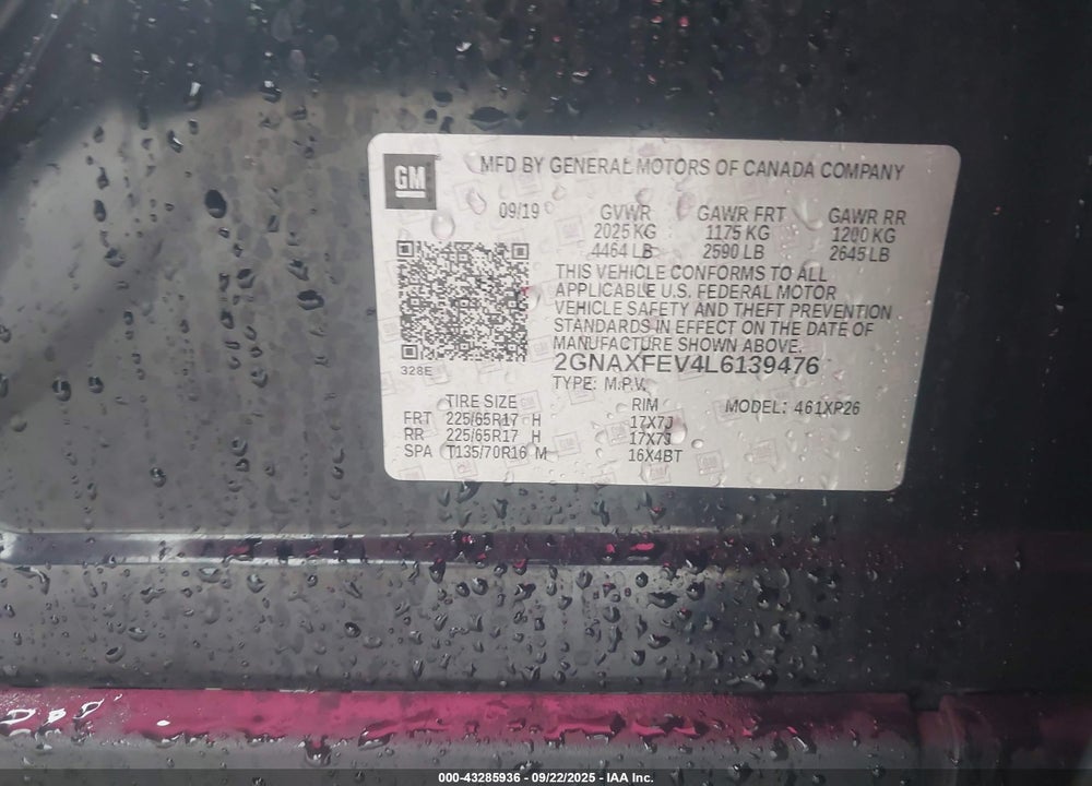 2020 CHEVROLET EQUINOX VIN: 2GNAXFEV4L6139476