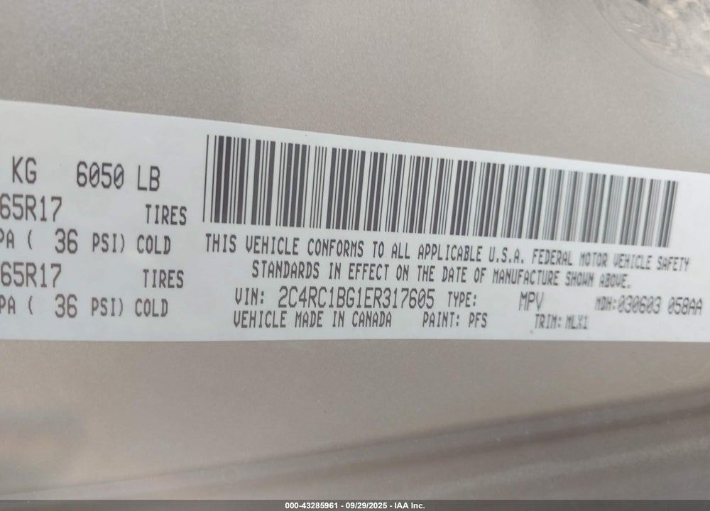 2014 CHRYSLER TOWN & COUNTRY TOURING VIN: 2C4RC1BG1ER317605