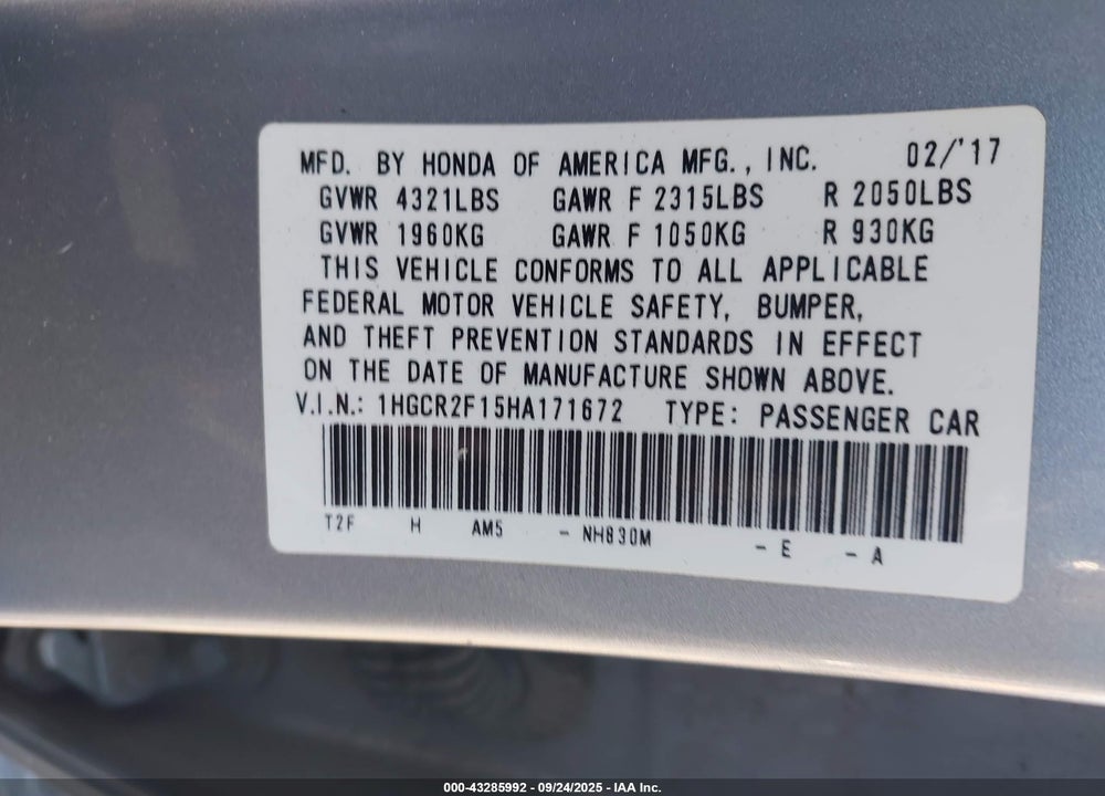 2017 HONDA ACCORD VIN: 1HGCR2F15HA171672