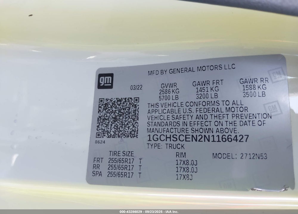 2022 CHEVROLET COLORADO VIN: 1GCHSCEN2N1166427