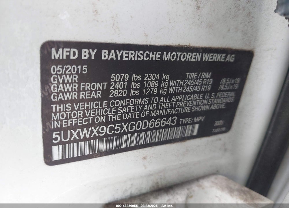 2016 BMW X3 XDRIVE28I VIN: 5UXWX9C5XG0D66643